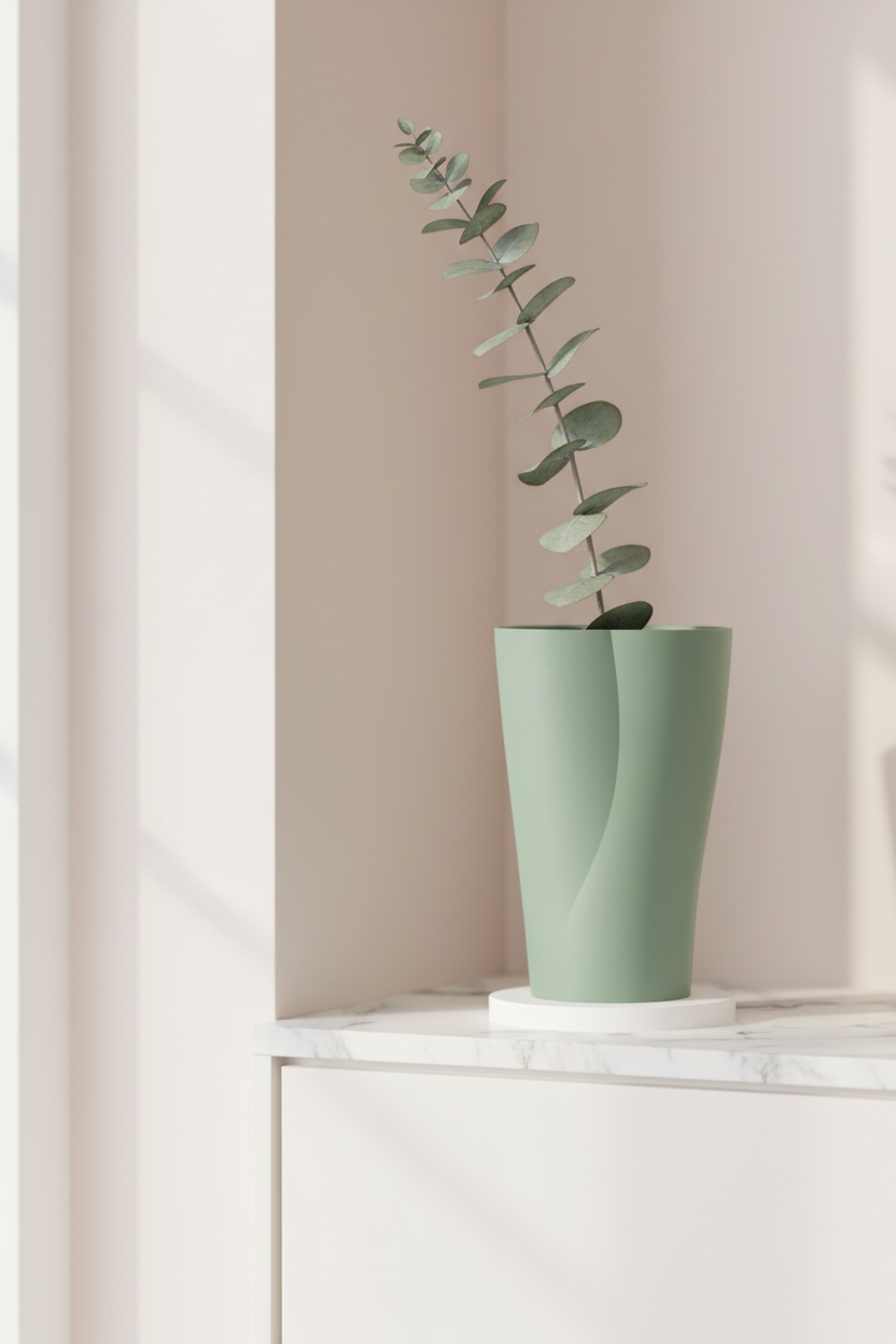 Elegant Modern Curve Vase sage green tapered pinched waist twist white disc base white marble shelf dried eucalyptus stem bright Scandinavian interior