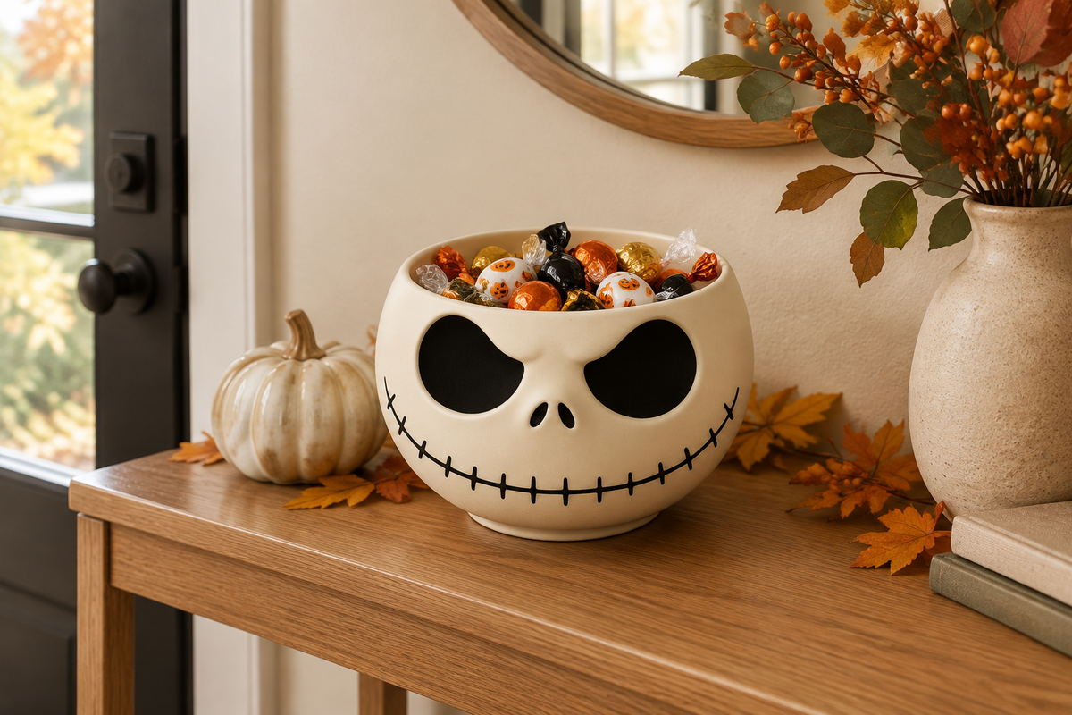 Cream-white skull-faced sweet bowl on an oak entry console with wrapped sweets and autumn decor