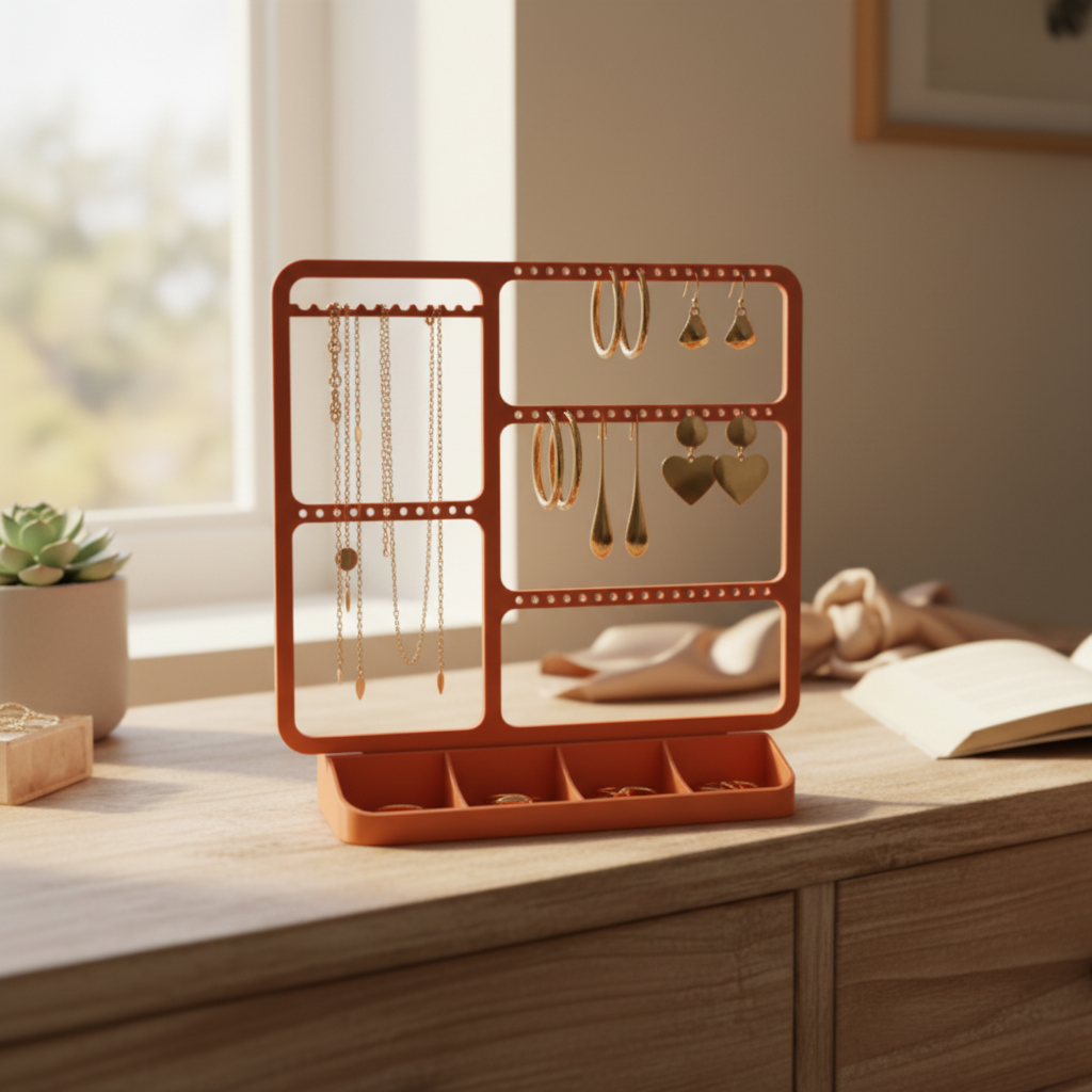 Terracotta orange jewellery organizer on wooden vanity with gold jewellery and small plant
