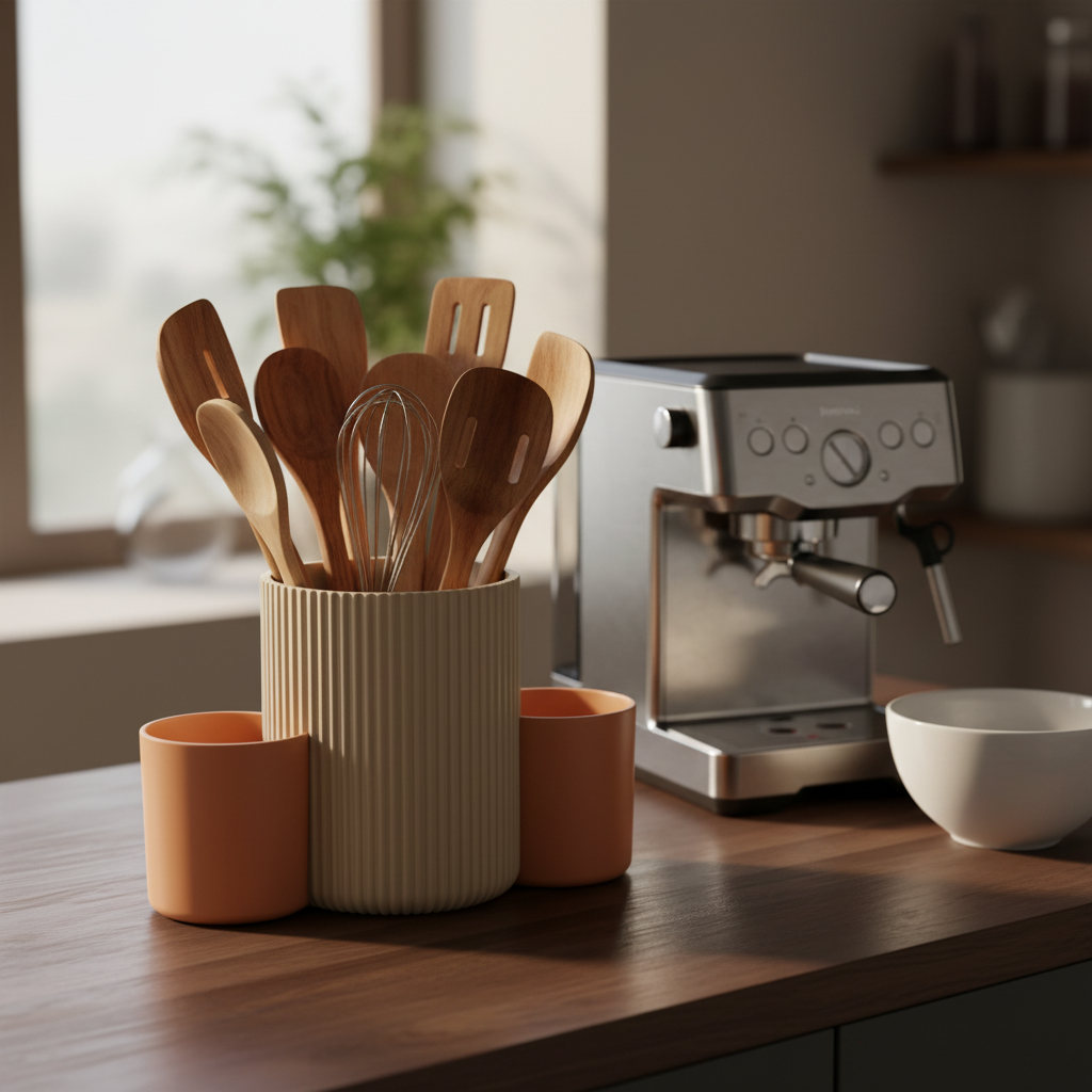 Three-Cup Combo Kitchen Utensil Caddy - beige and orange colourway filled with wooden spatulas on dark wooden counter, coffee machine and ceramic bowl in background