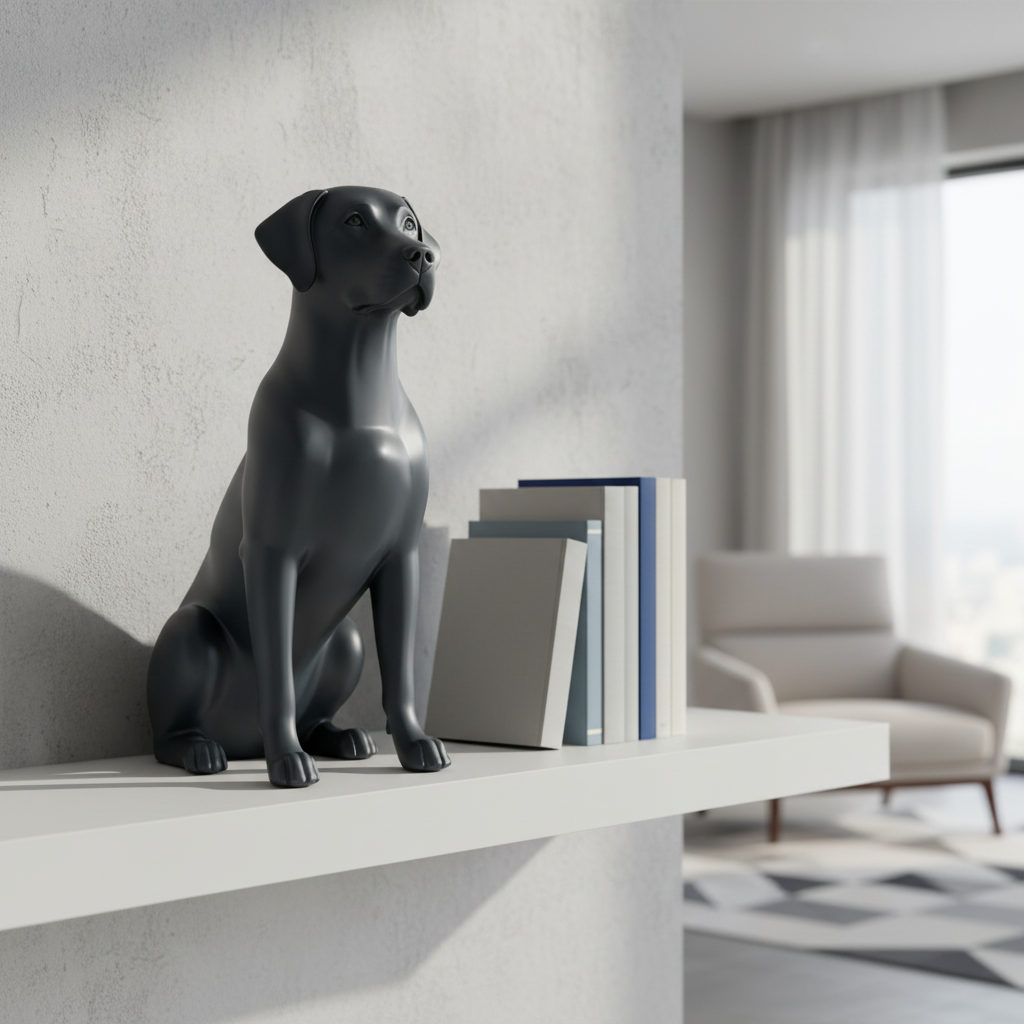 Matte black Labrador statue on a white living room shelf with books