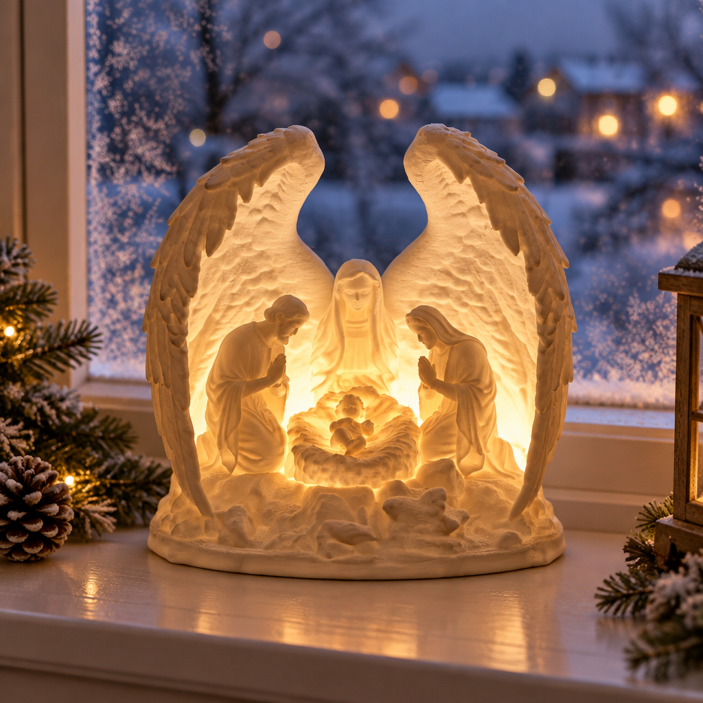 Nativity tealight holder beside a softly frosted window