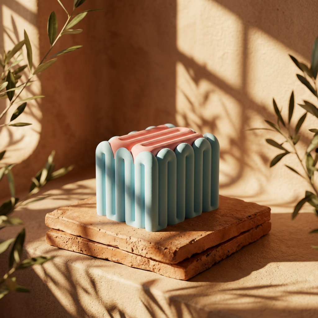 Blue wibble storage box on terracotta tiles with olive branch golden hour Mediterranean lifestyle