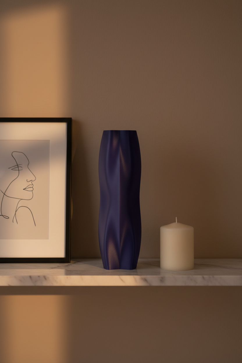 Purple Yoga Flow vase sculpture on marble bedroom shelf - lifestyle