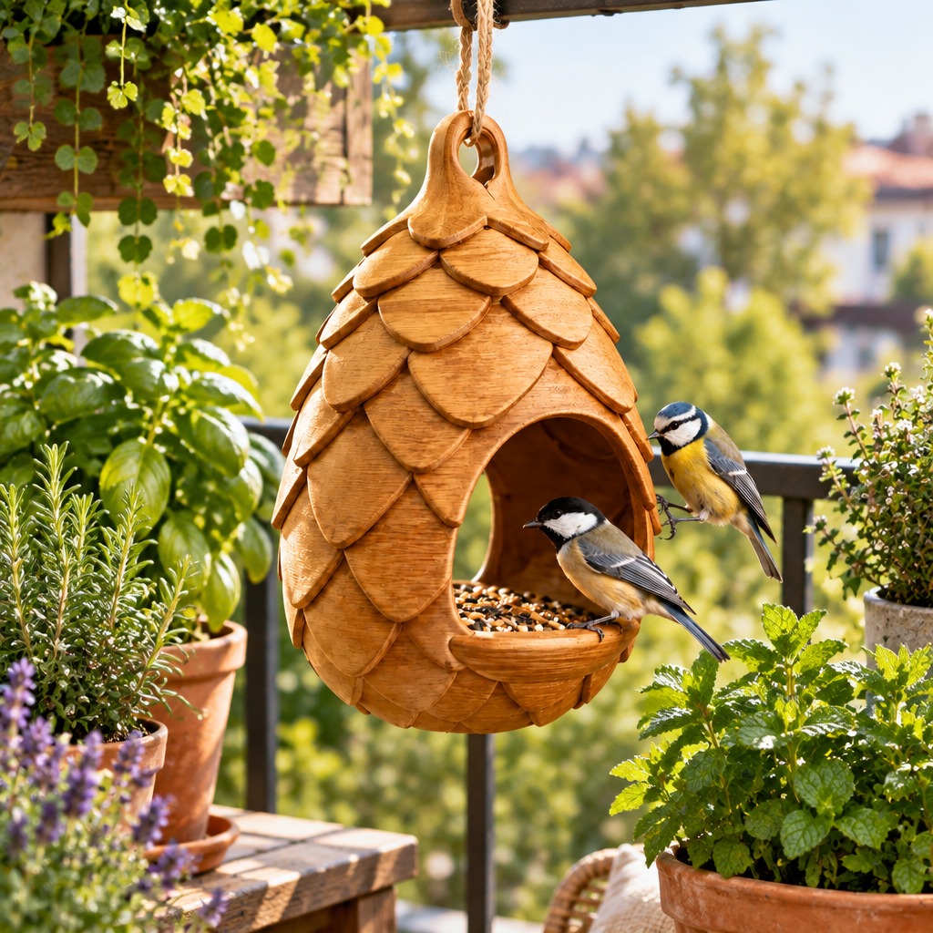 Pinecone feeder on herb-filled balcony