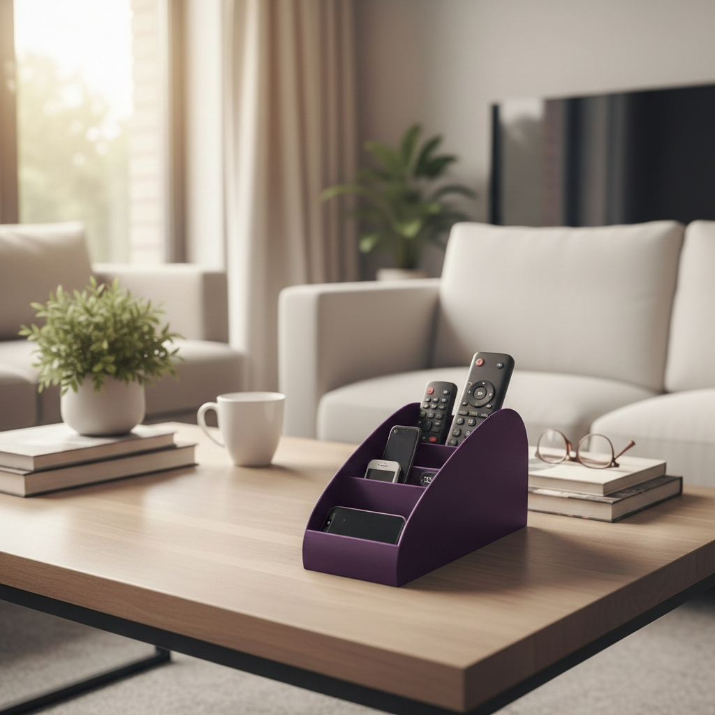 Curved Remote Control Organiser in purple — lifestyle shot on oak coffee table, minimalist living room