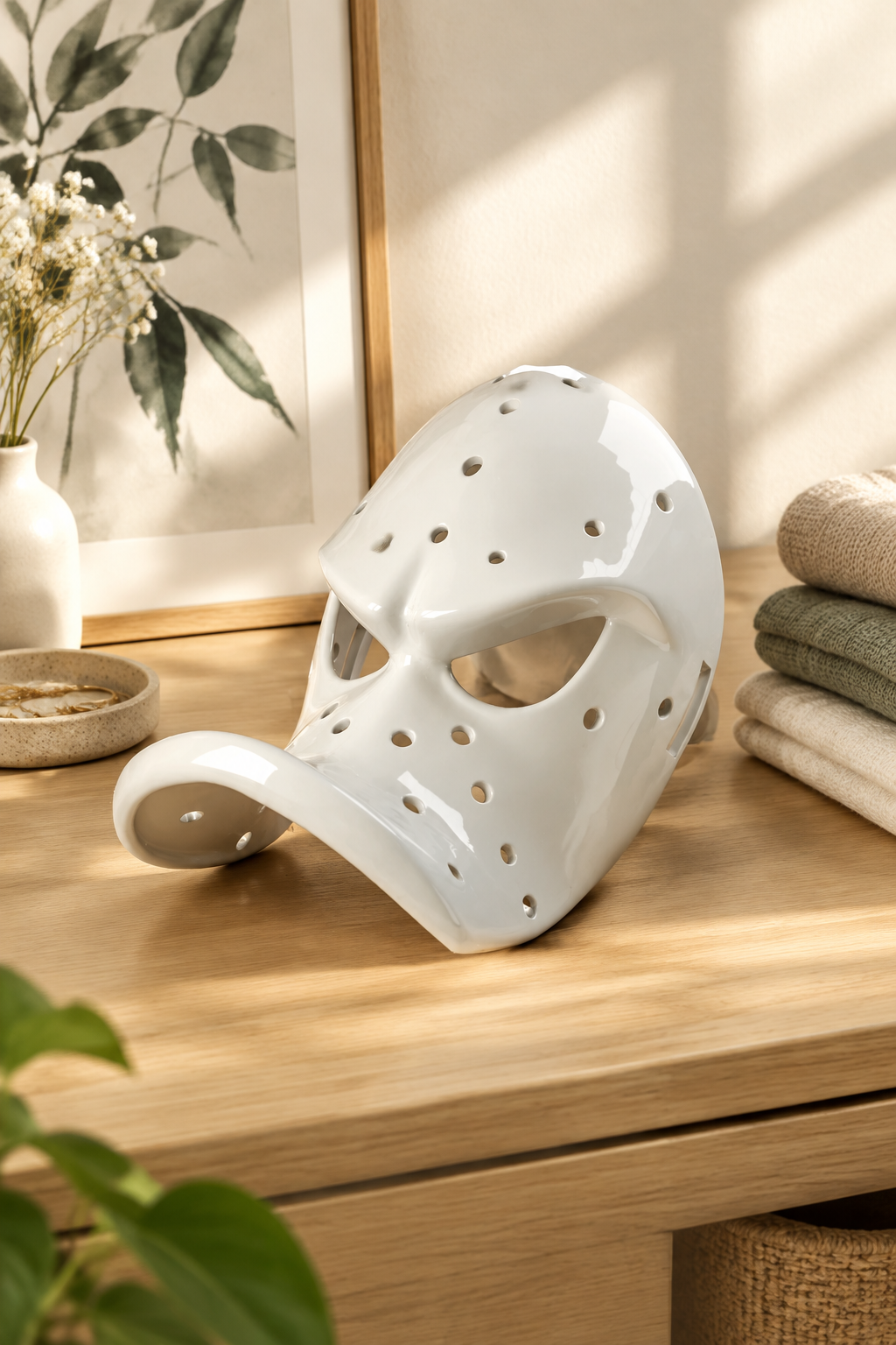 White perforated Duck Bill Mask on a light wood bedroom dressing table