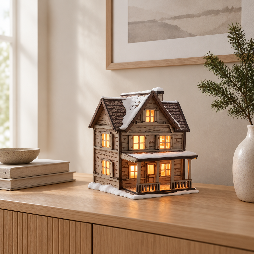 Tealight House styled on a Scandinavian sideboard with subtle winter greenery