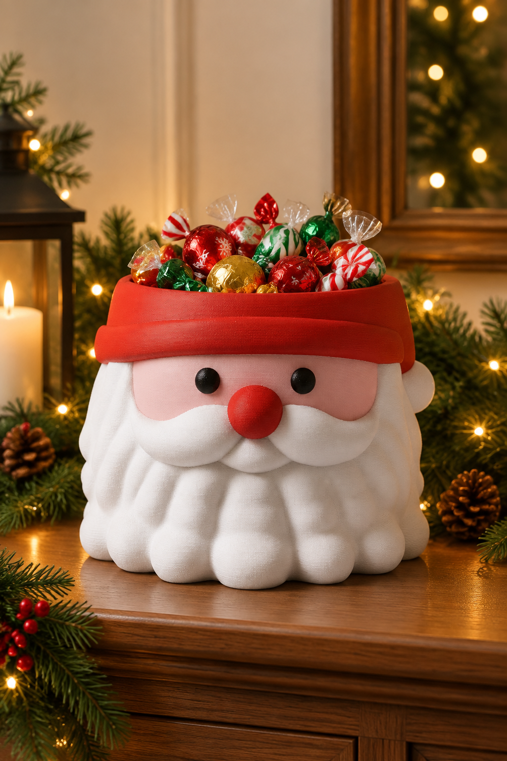 Santa Head sweet bowl filled with wrapped treats on a decorated Christmas mantel