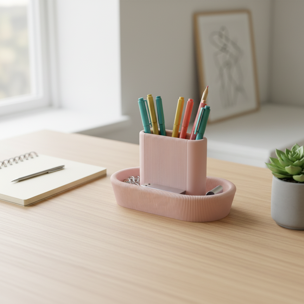 Dusty pink ribbed organiser on oak desk home office - lifestyle