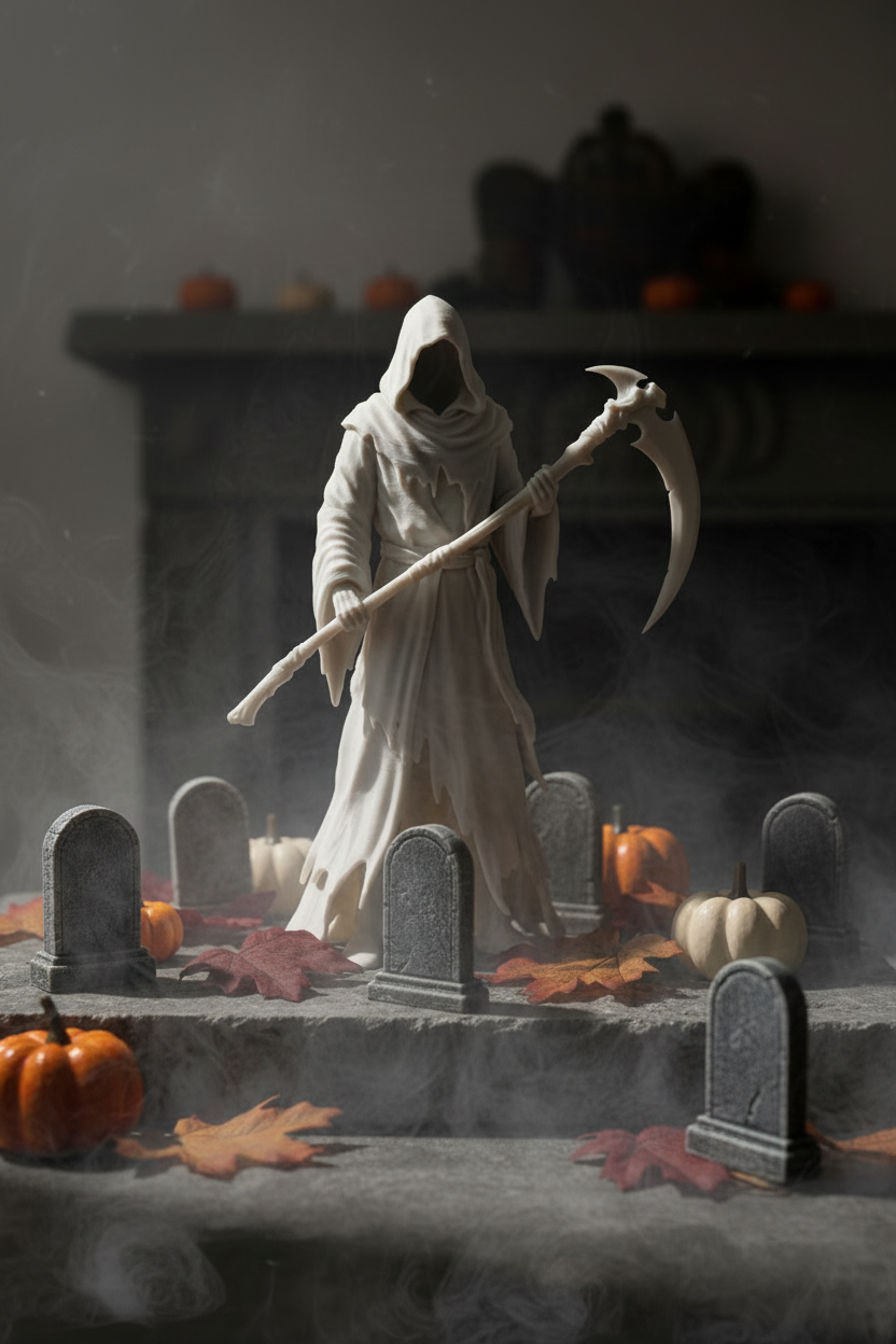Grim Reaper figure in Halloween graveyard vignette with mist and gravestones