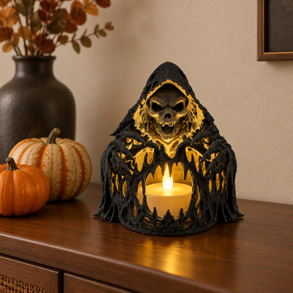 Black reaper skeleton tealight holder on a light shelf against a sage-green wall