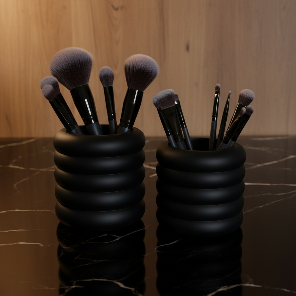 Matte black bubble torus organizer set on black marble vanity with makeup brushes