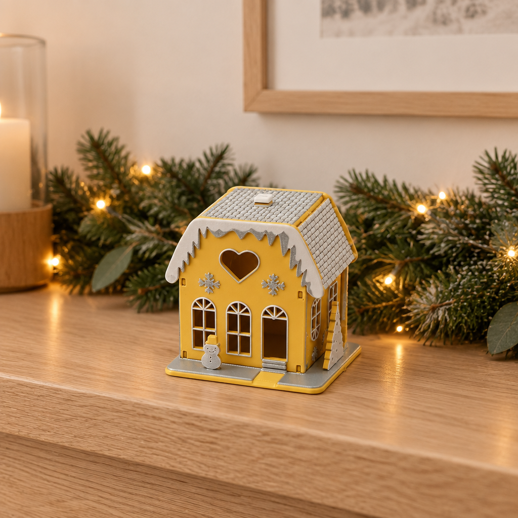 Yellow miniature Christmas house displayed on a light oak mantel