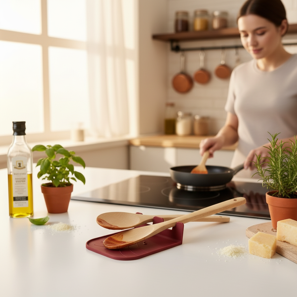 Cooksitter Duo Utensil Rest - red colourway holding wooden spoon and spatula beside herbs and olive oil