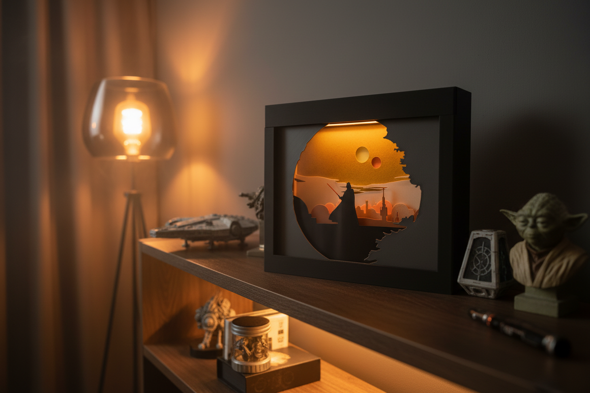 Darth Vader Homecoming shadow box on a dark wooden shelf in a moody living room with warm amber lighting