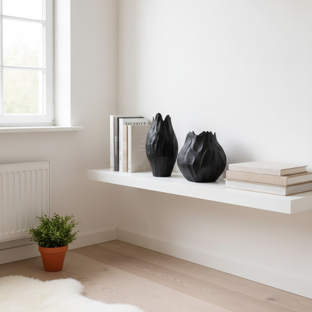 Two organic stone-like sculptural vases in matte black on a minimalist white shelf