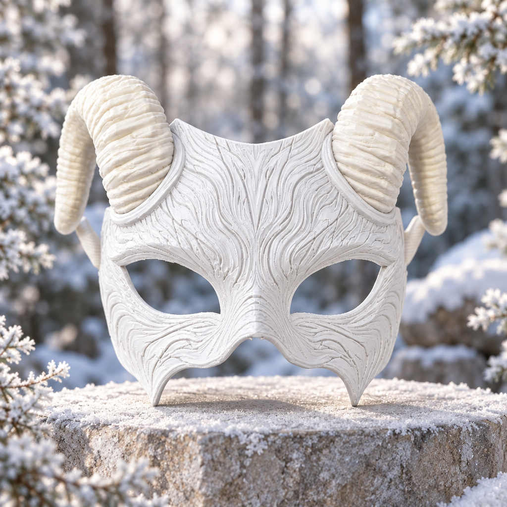 White Faun Mask with ivory curled horns in a frosted woodland, strap not included