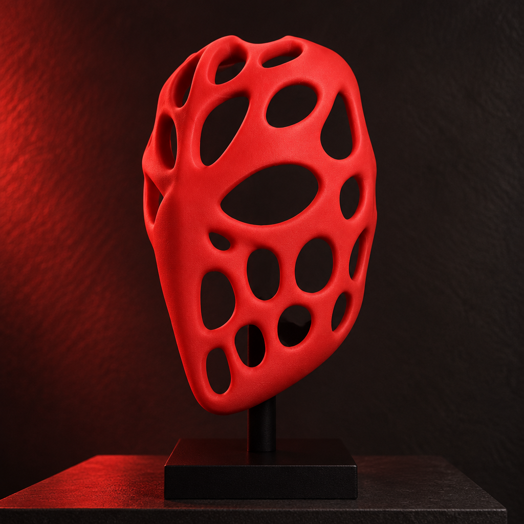 Red organic Voronoi Mask on a dark gallery stand, shown without a strap