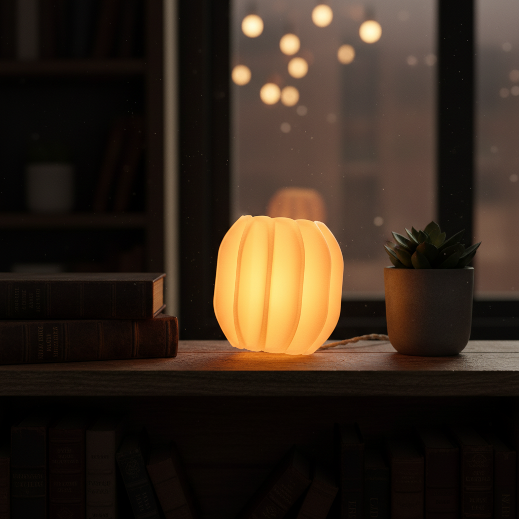 Sleek Ribbed E27 Lamp on shelf in moody study