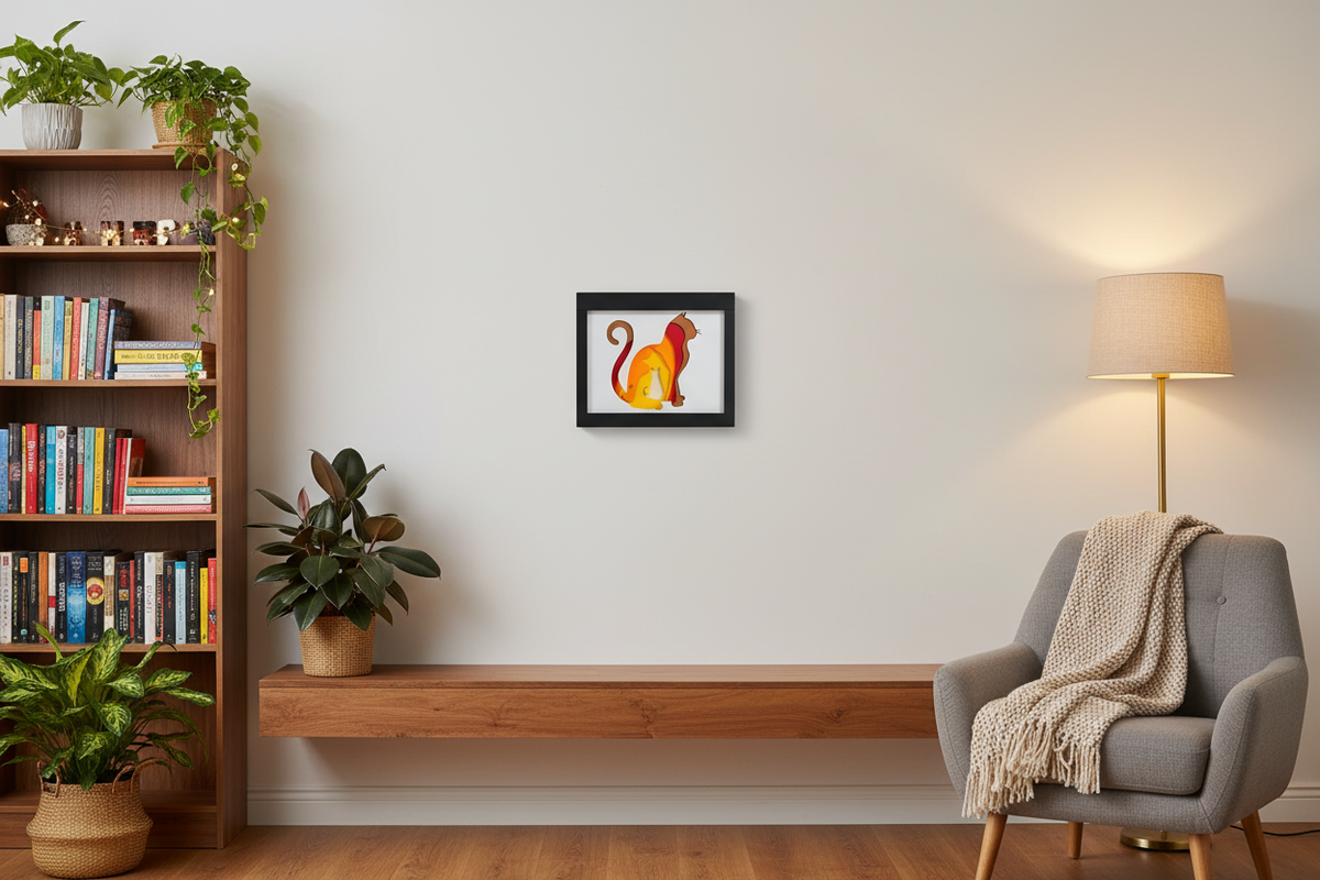 Cat shadow box displayed on living room wall with bookshelf, plants and warm lighting