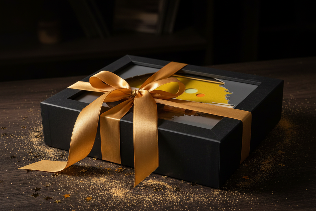Darth Vader Homecoming shadow box presented as a gift in a sleek black box with gold ribbon