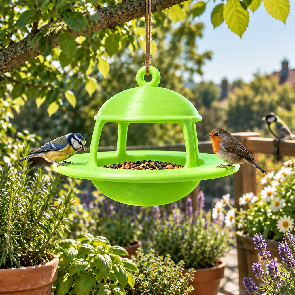 Green UFO bird feeder hanging by balcony herbs
