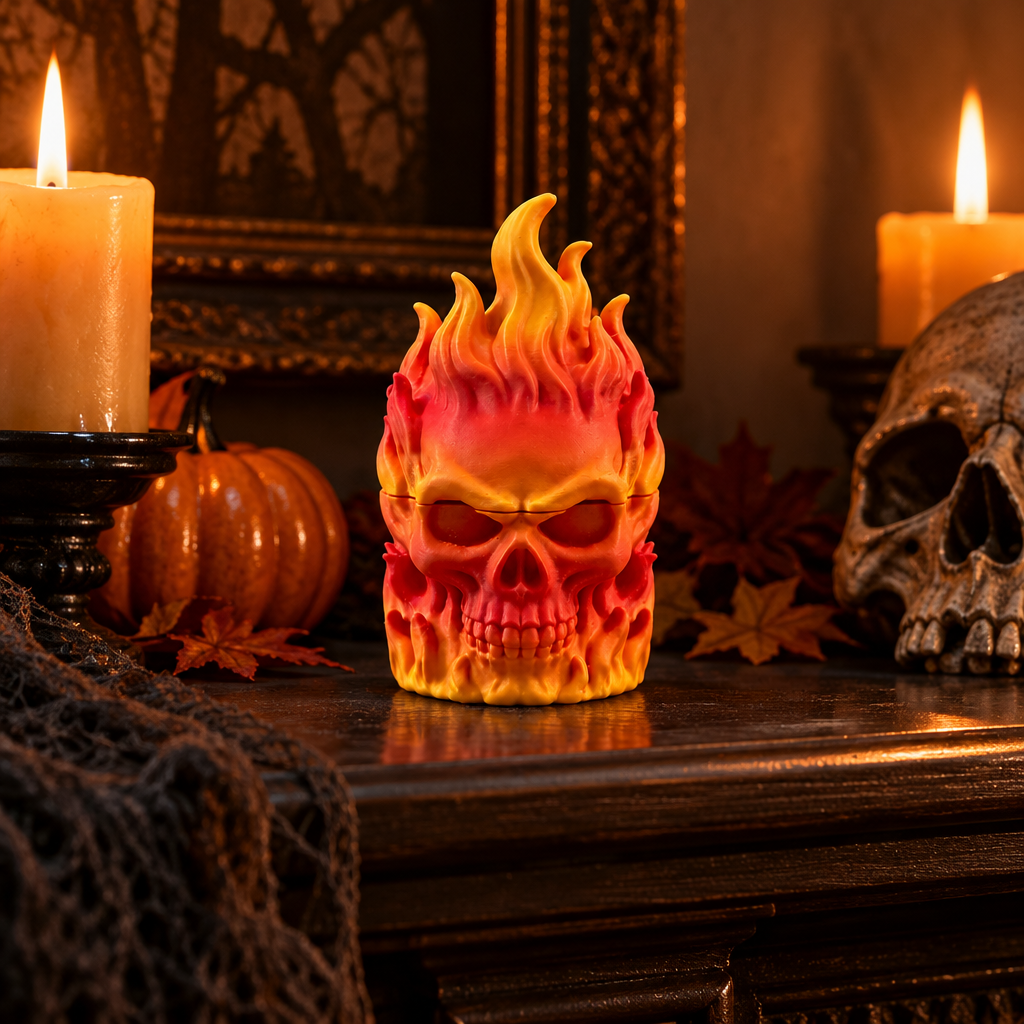 Flaming Skull Herb Grinder on Halloween mantel