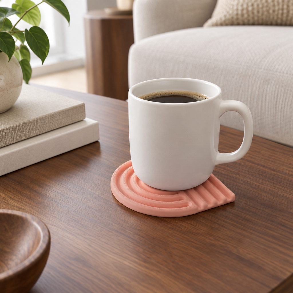 Pastel coral looped coaster with a white mug on a walnut coffee table with books
