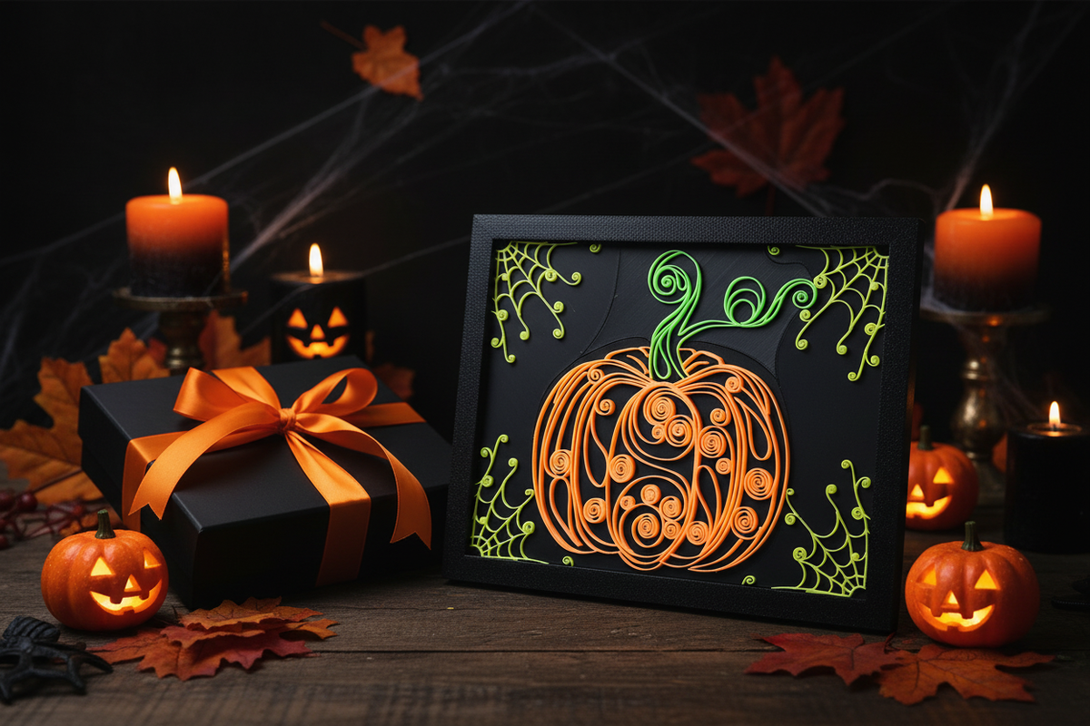 Spooky Swirls Glow-in-the-Dark Pumpkin shadow box presented as a Halloween gift in a matte black box with orange ribbon and Halloween decorations