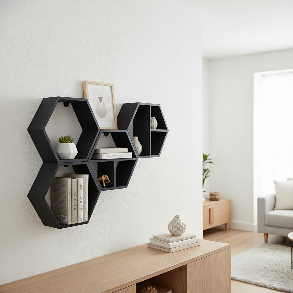 Navy blue modular hexagonal shelf set, 7 units on white wall in minimal home office with books and geometric ornaments