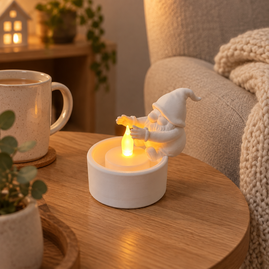 Santa gnome tealight cup holder on a side table beside a neutral chair