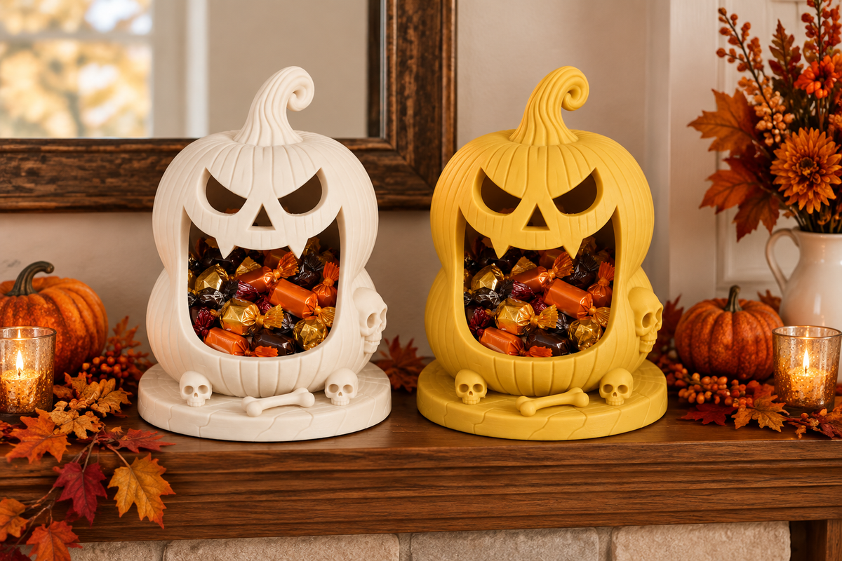 White and Yellow jack-o’-lantern sweet holders with wrapped treats on an autumn mantel