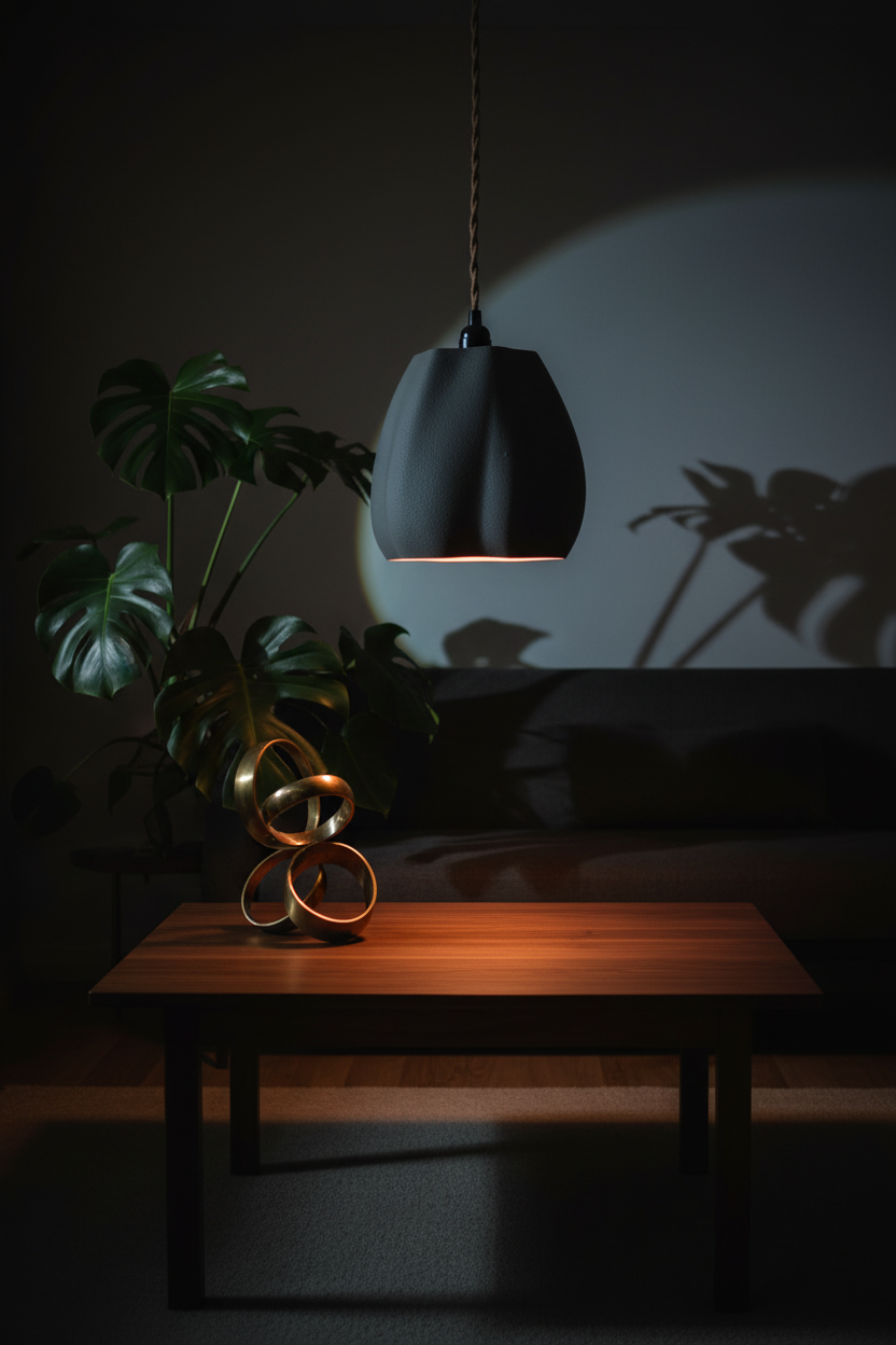 Charcoal grey organic pendant lamp shade glowing above walnut coffee table moody dark luxury interior lifestyle