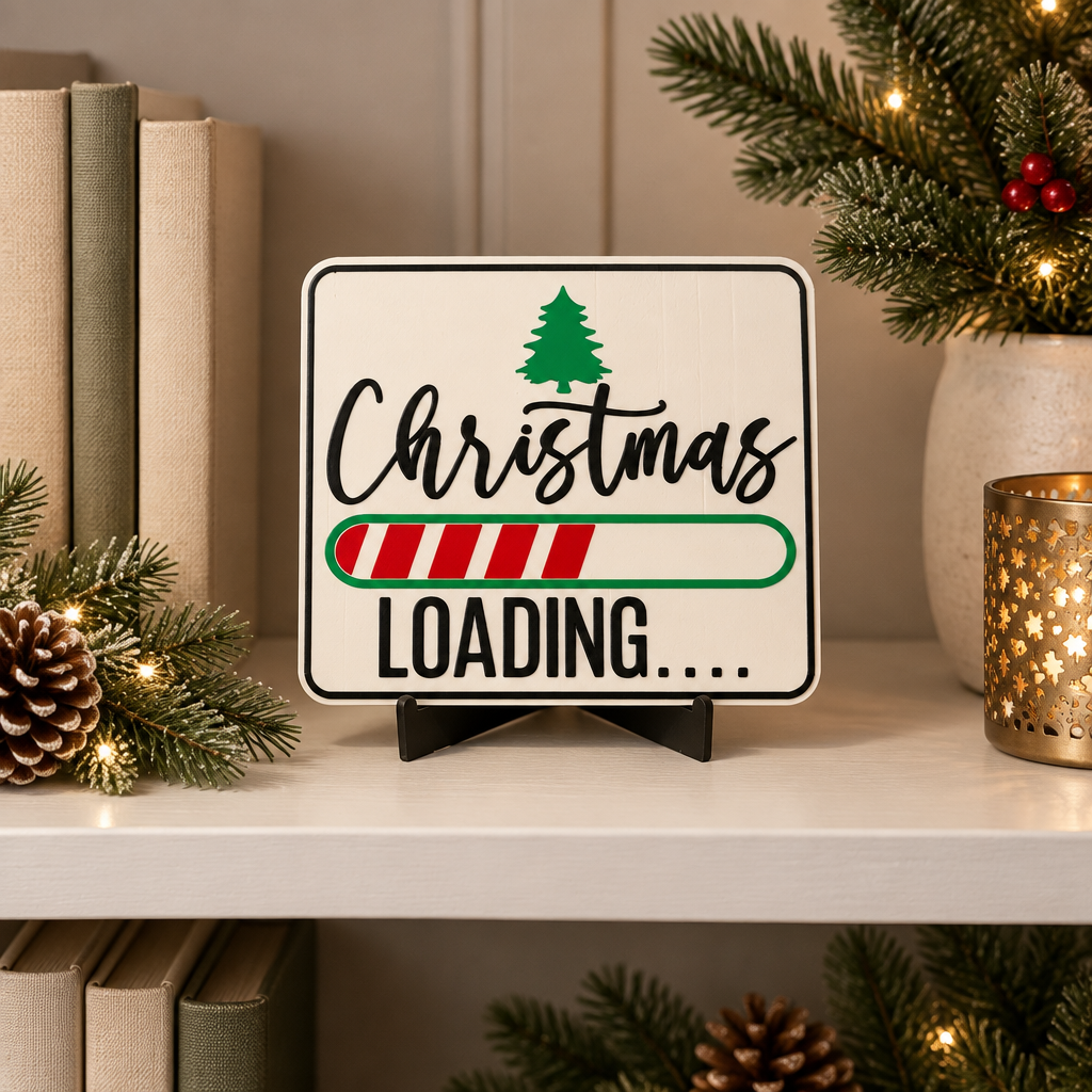 Christmas Loading Sign on a bookcase shelf among neutral books and greenery