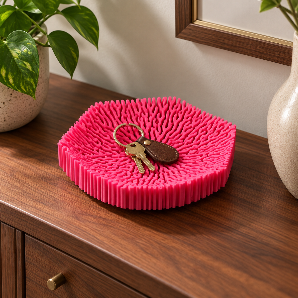 Coral bowl on walnut entryway console