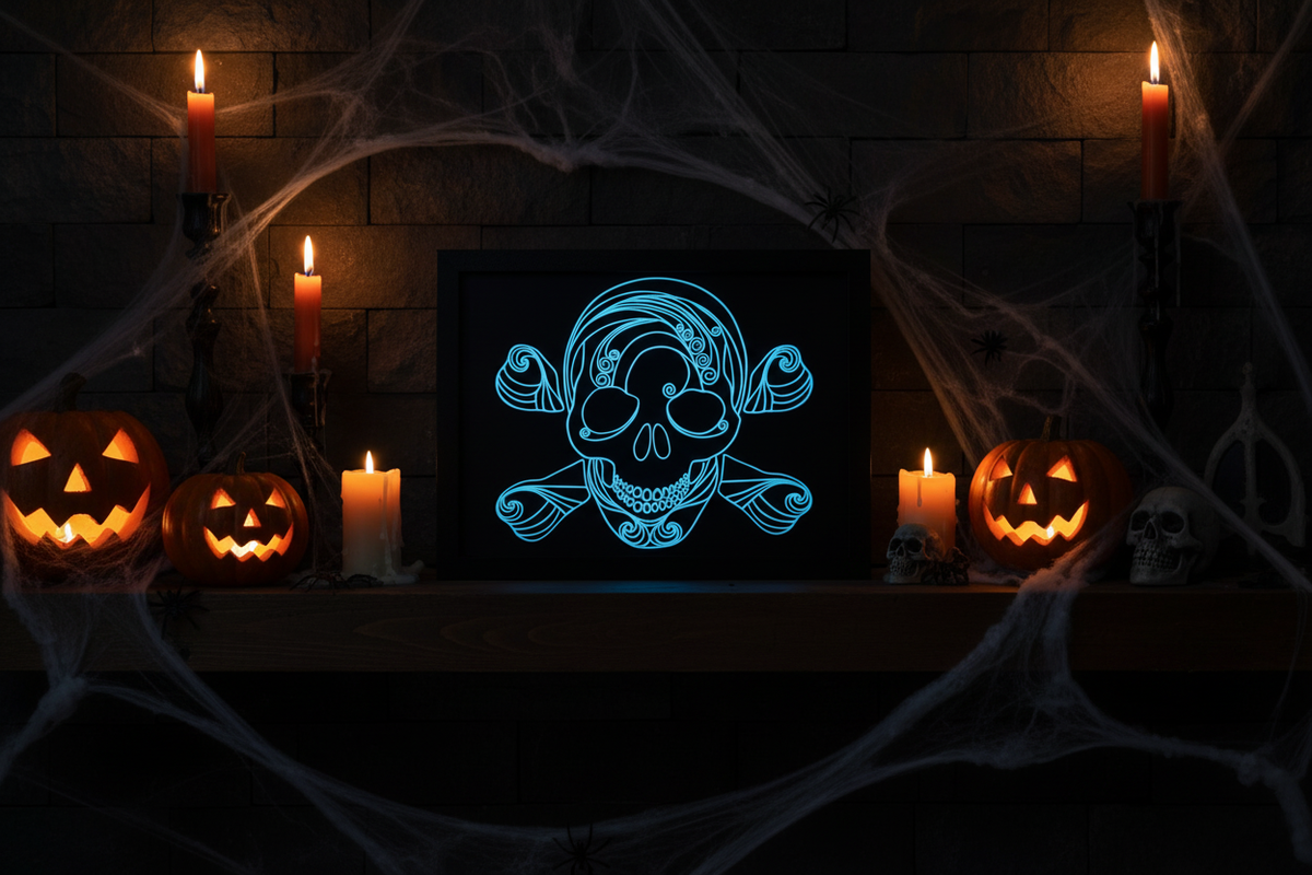 Spooky Swirls Glow-in-the-Dark Skull and Bones shadow box on a gothic Halloween shelf with pumpkins, candles and cobwebs