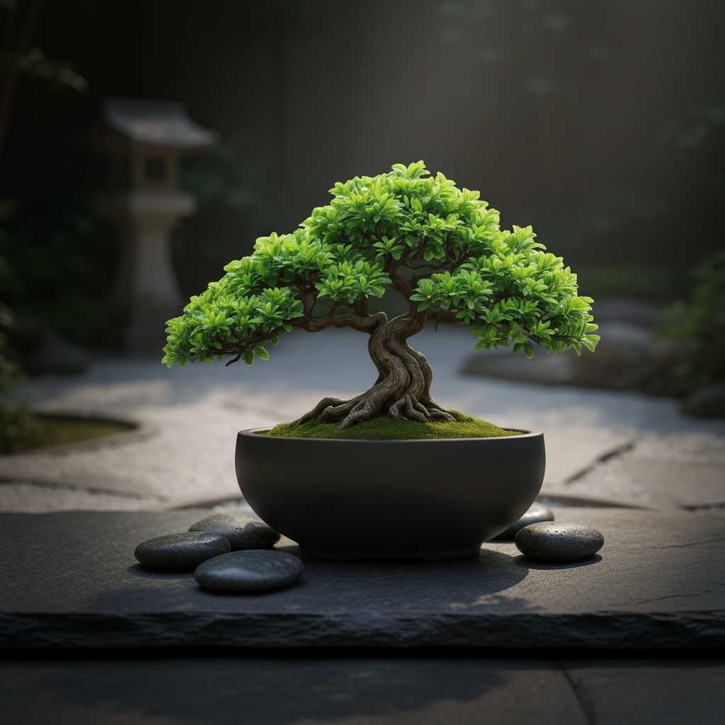 Matte black minimalist bonsai pot with bonsai and moss on dark slate, moody zen lifestyle