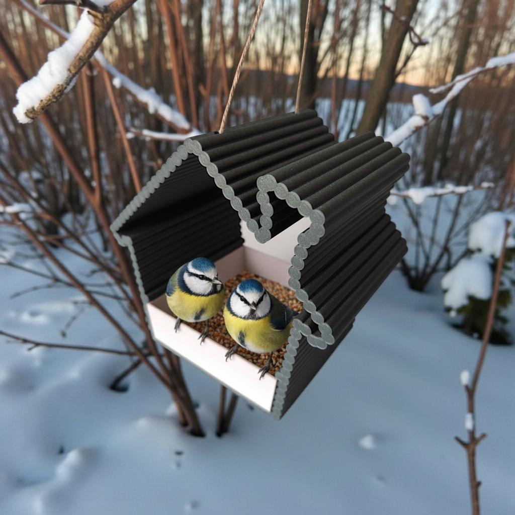 Black ribbed bird feeder on birch tree with blue tit birds feeding in winter