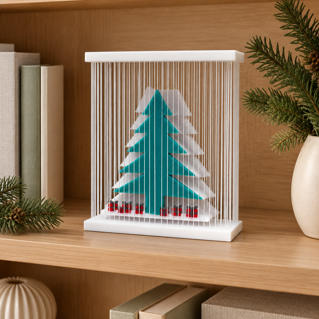 White framed teal-green Christmas tree display with red-and-dark base accents on a light-oak bookcase shelf.