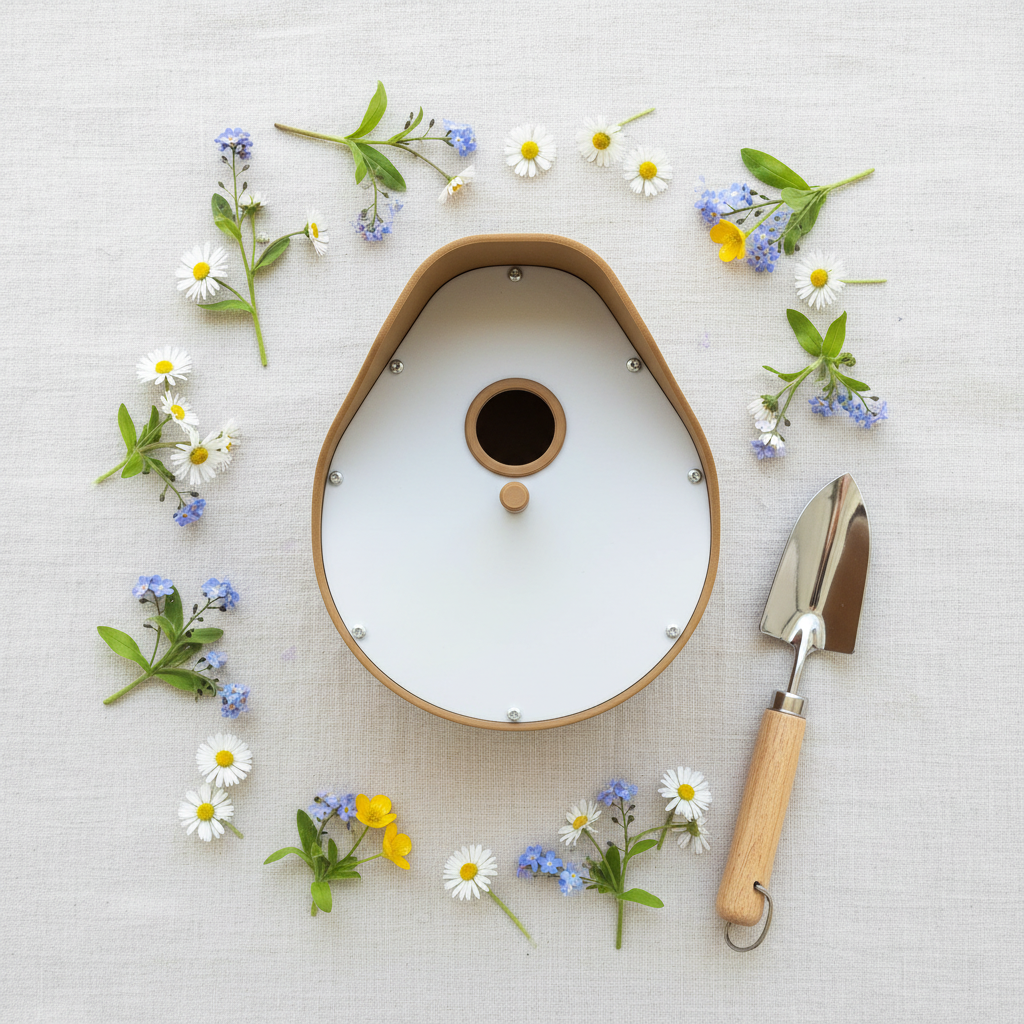 Flat lay of modern curved birdhouse with spring wildflowers and garden trowel on linen
