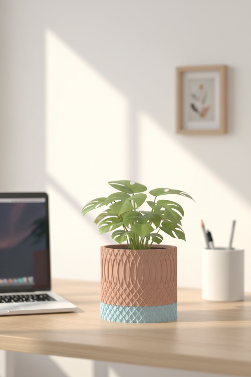 Two-Tone Textured Planter orange on oak desk with MacBook