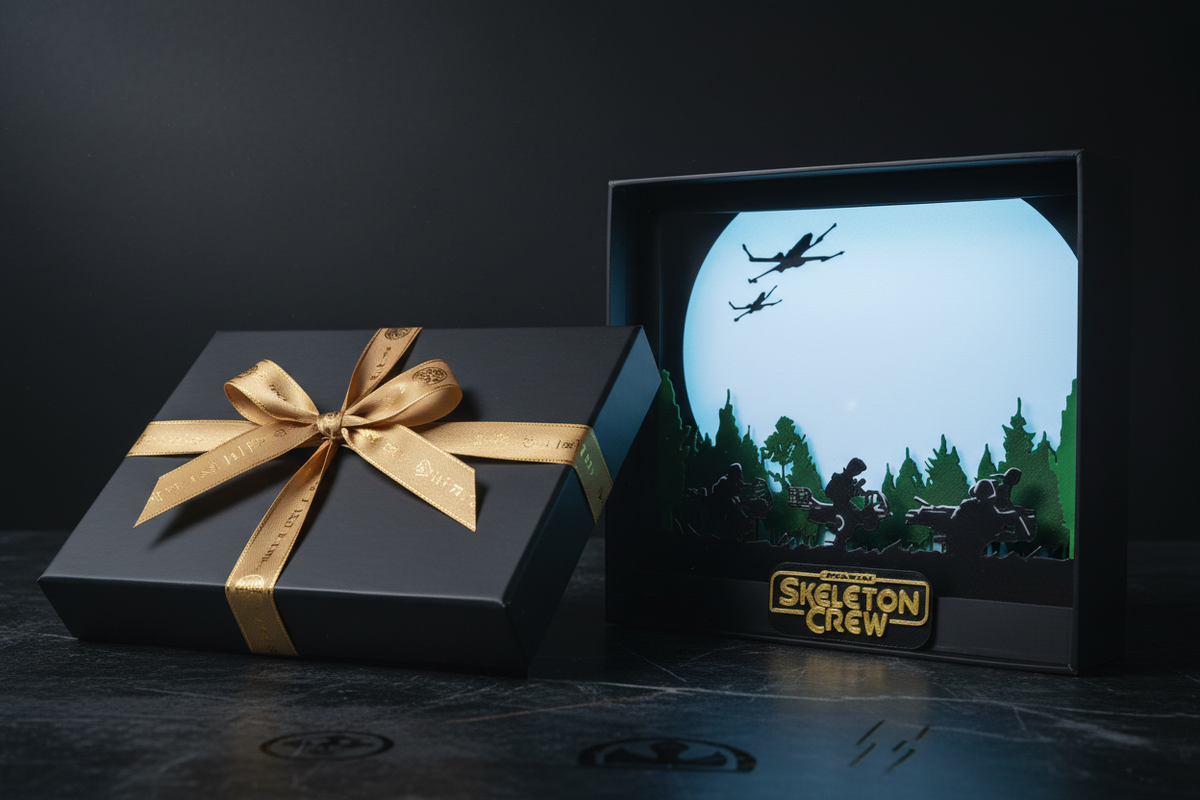 Skeleton Crew Shadow Box presented as a gift in a sleek black box with gold ribbon