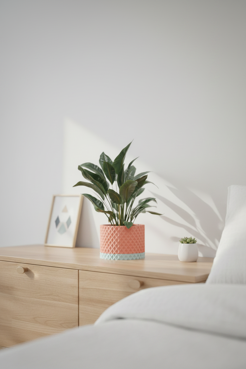 Modern Geometric Planter coral salmon pink upper body mint green lower two-tone raised diamond lattice texture compact calathea pale oak bedside table soft minimal bedroom white linen framed print warm morning window light portrait