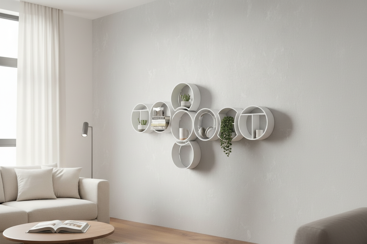 Matte white modular round shelf system in large organic cluster on bright minimal entryway wall with trailing plants