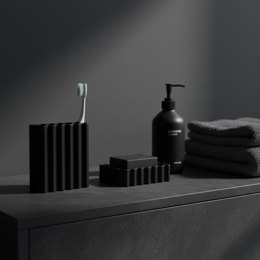 Matte black ripple toothbrush holder on dark stone vanity with black soap dish moody contemporary bathroom lifestyle