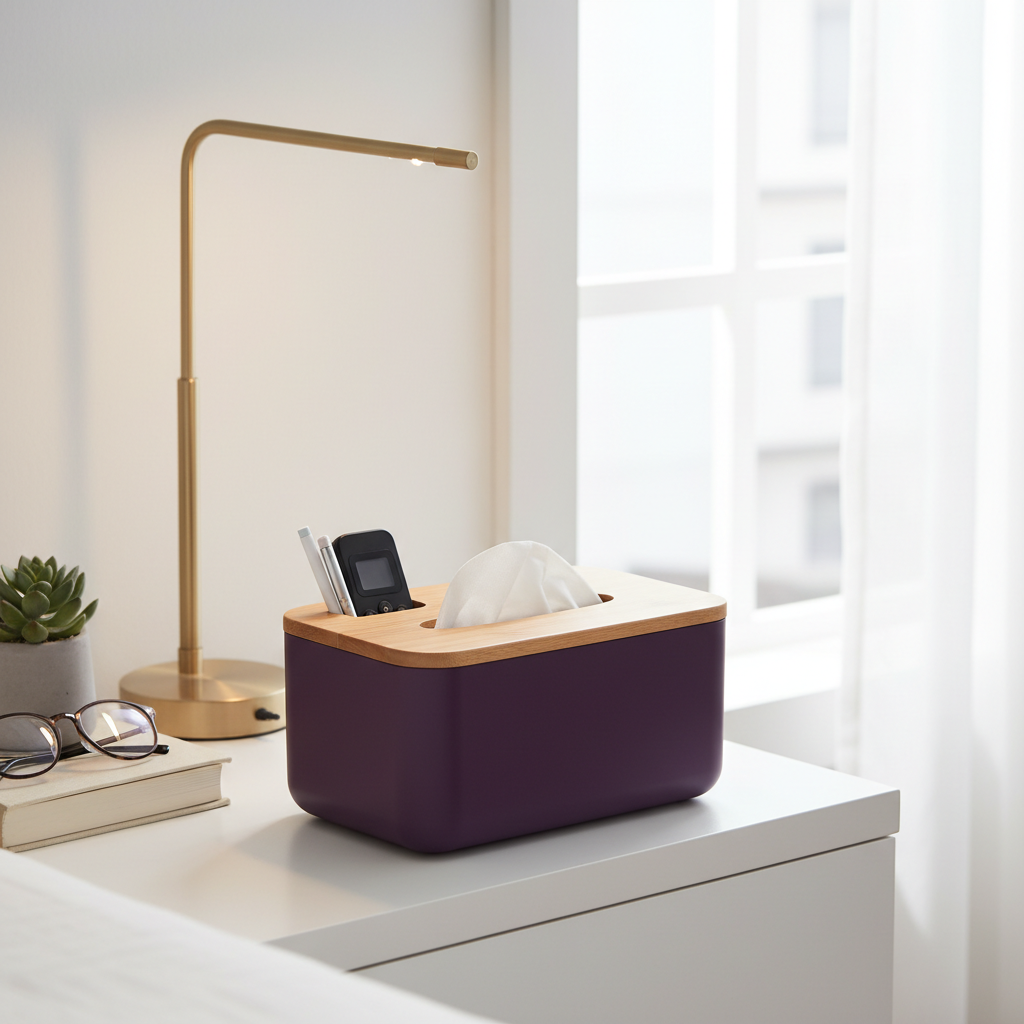 Tissue Box Organiser with Integrated Storage in purple — on bedroom bedside table with lamp, book and small plant, soft morning light