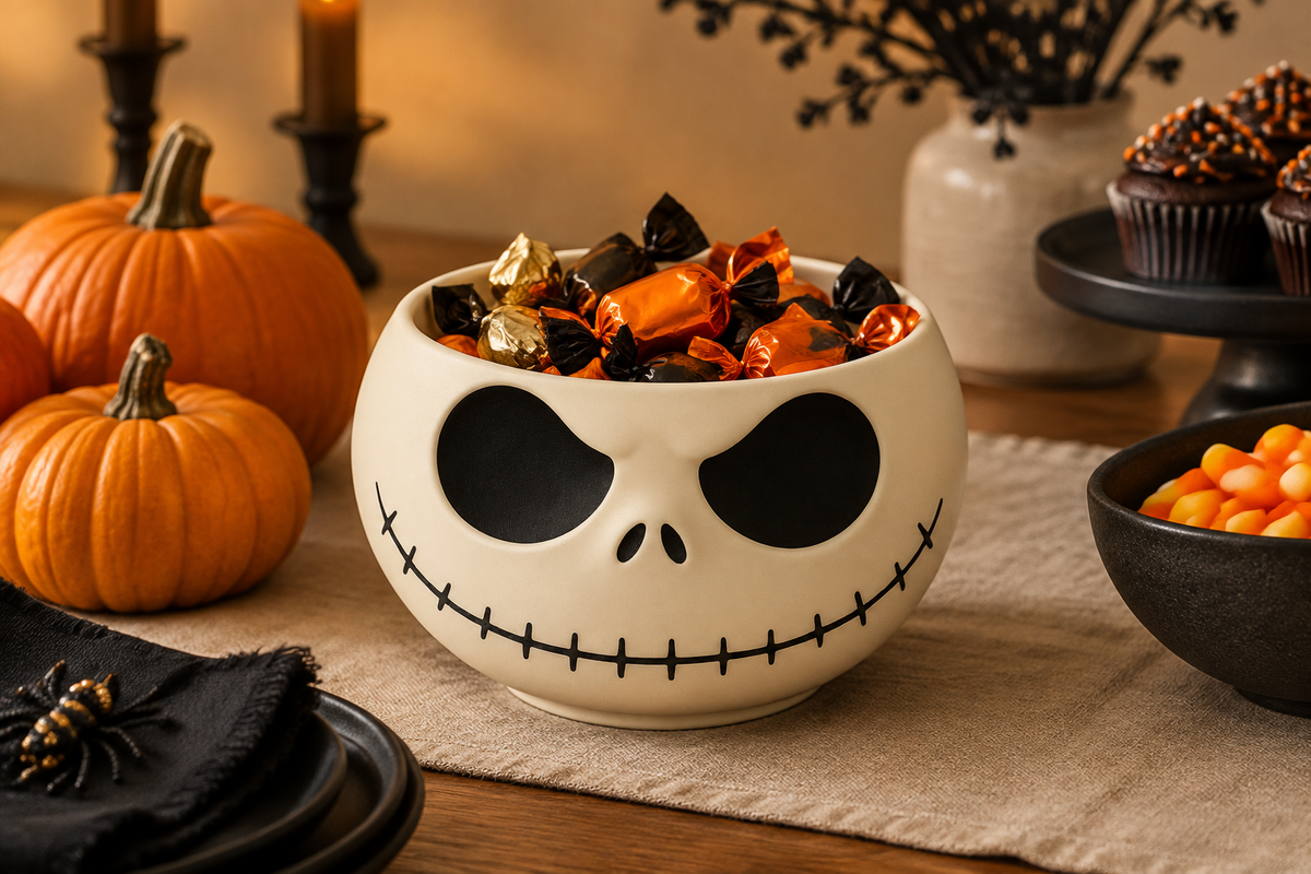 Cream-white skull sweet bowl filled with wrapped Halloween sweets on a seasonal buffet