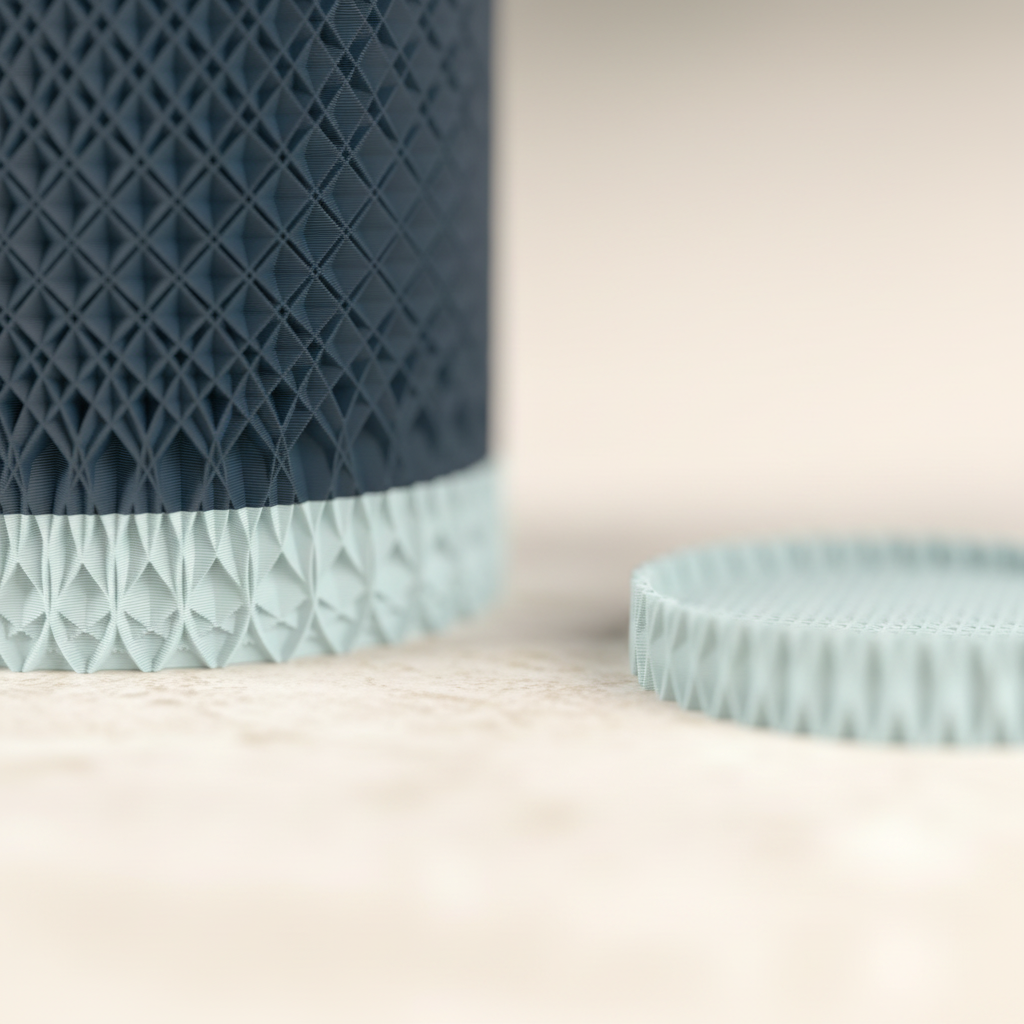 Geometric Textured Plant Pot charcoal black diamond lattice two-tone pale grey drainage saucer separated beside pot macro close up travertine surface lattice facets and perforated drainage platform detail square editorial