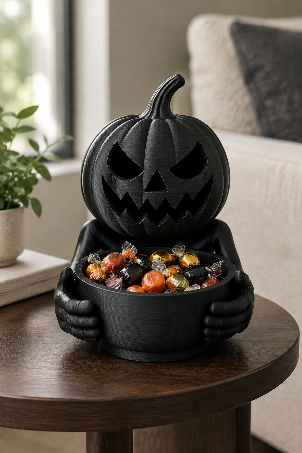 Black pumpkin sweet tray on a dark wood lounge side table
